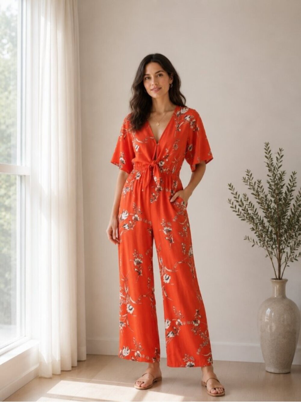 Sienna Sky Red Floral V-Neck Wide Leg Jumpsuit Boho Resort XS 0525